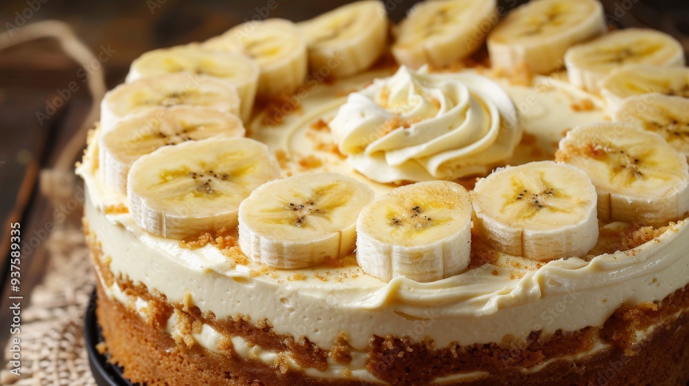 Banana Cheesecake Slice with Chocolate Drizzle on Plate Banana Cheesecake Slice with Chocolate Drizzle on Plate
