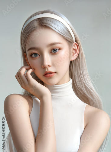 High Quality Detailed, Woman Beauty skin texture, ash gray hair and white hair band, natural light glowing skin, AI generative