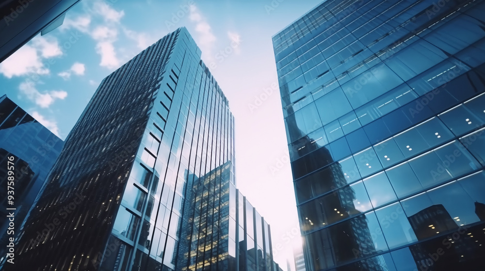 Modern glass skyscrapers, tall buildings with blue windows, low-angle shots, cinematic. Modern glass skyscrapers, tall buildings with blue windows, low-angle shots, cinematic.