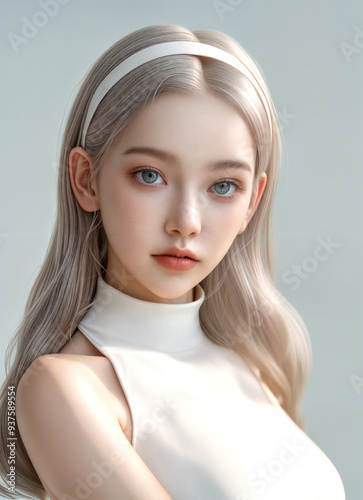 High Quality Detailed, Woman Beauty skin texture, ash gray hair and white hair band, natural light glowing skin, AI generative