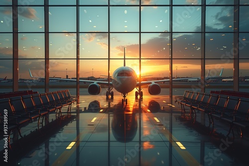 Aircraft flight preparation - fueling, catering, baggage services before airplane takeoff Waiting area with chairs in international airport terminal with behind a window