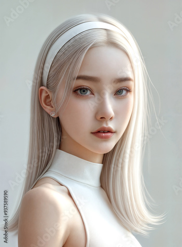 High Quality Detailed, Woman Beauty skin texture, ash gray hair and white hair band, natural light glowing skin, AI generative