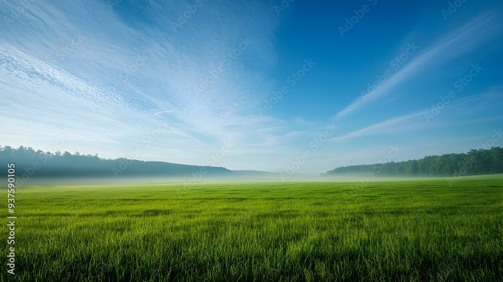 Obraz premium Captivating Wide Open Green Meadow with Misty Blue Sky and Wispy Clouds in Serene Countryside Landscape