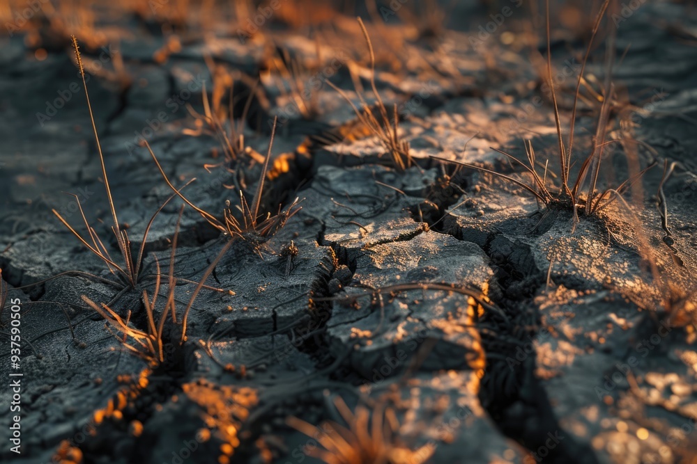 Danger Global Warming concept. Close up of dead grasses with cracked soil at dry season Danger Global Warming concept. Close up of dead grasses with cracked soil at dry season