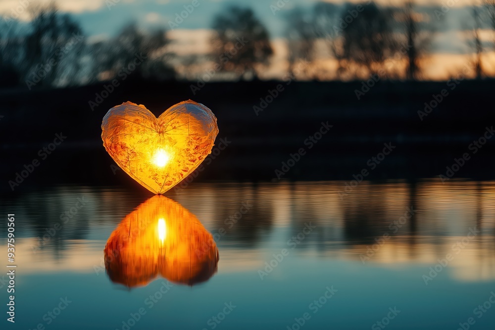 Fototapeta premium Glowing heart shape floating on water reflecting in evening light