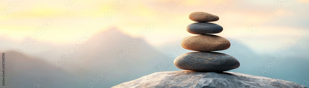 A serene stacked stone arrangement against a tranquil mountain backdrop, symbolizing balance and harmony in nature. A serene stacked stone arrangement against a tranquil mountain backdrop, symbolizing balance and harmony in nature.