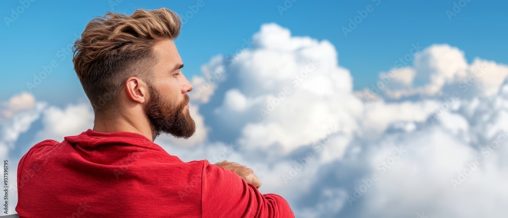 A bearded man with a goatee stands before a blue sky adorned with white, puffy clouds A bearded man with a goatee stands before a blue sky adorned with white, puffy clouds