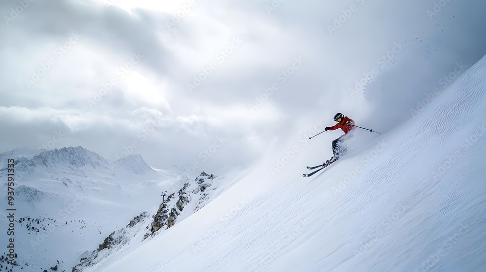 Skier Carving Through Snowy Mountainous Landscape During Thrilling Winter Sports Adventure Skier Carving Through Snowy Mountainous Landscape During Thrilling Winter Sports Adventure