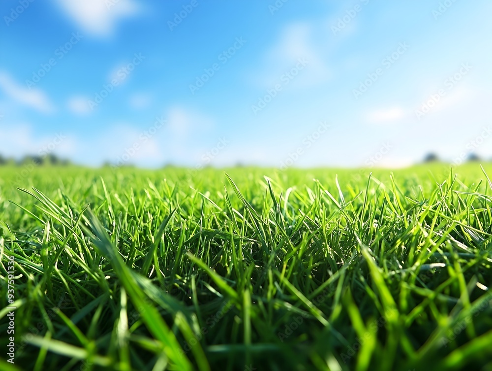 Fototapeta premium Close up view of lush vibrant green grass with a bright blue sky and fluffy white clouds in the background