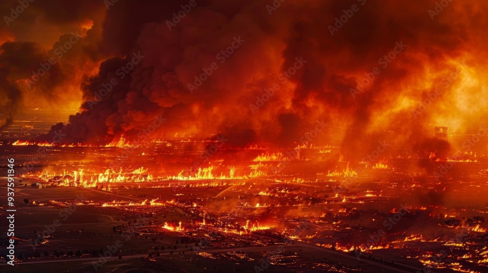 Flames engulf vast fields under a glowing sky, as thick smoke billows into the atmosphere. The scene captures the devastating beauty of nature's fury at dusk Flames engulf vast fields under a glowing sky, as thick smoke billows into the atmosphere. The scene captures the devastating beauty of nature's fury at dusk