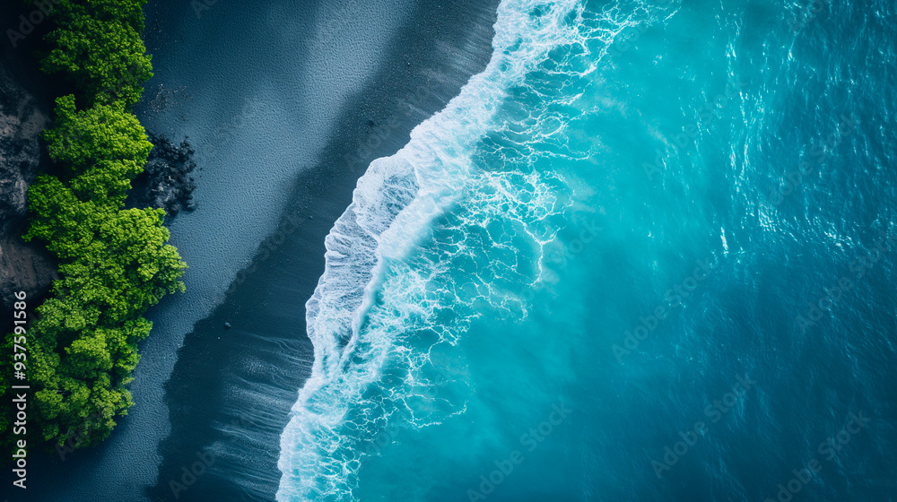 Bird's eye view of black sand beach and surf in Hawaii Bird's eye view of black sand beach and surf in Hawaii