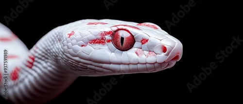  A tight shot of a red-and-white snake's head, splattered with blood, and its body and neck bearing similar stains photo