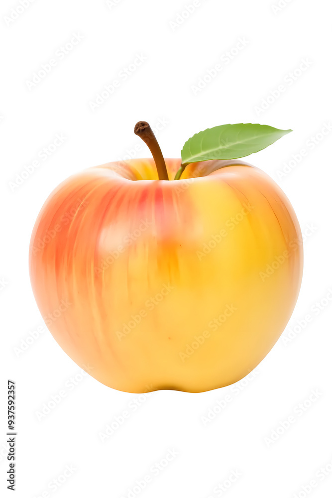 A shiny apple with a smooth surface and a brown stem, set against a white background. A shiny apple with a smooth surface and a brown stem, set against a white background.