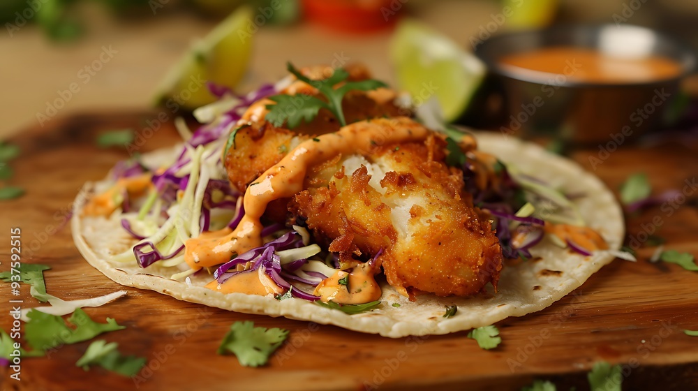 A taco with crispy fried fish, shredded cabbage, creamy sauce, and a wedge of lime on the side. A taco with crispy fried fish, shredded cabbage, creamy sauce, and a wedge of lime on the side.