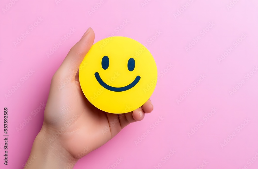 Hands holding a yellow smiley face with blank space on a solid background Hands holding a yellow smiley face with blank space on a solid background