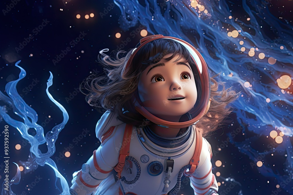 A young astronaut girl floats through space, captivated by glowing cosmic elements and swirling energy around her A young astronaut girl floats through space, captivated by glowing cosmic elements and swirling energy around her
