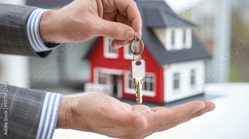 A hand holding a house key with a small red and white model house in the background.