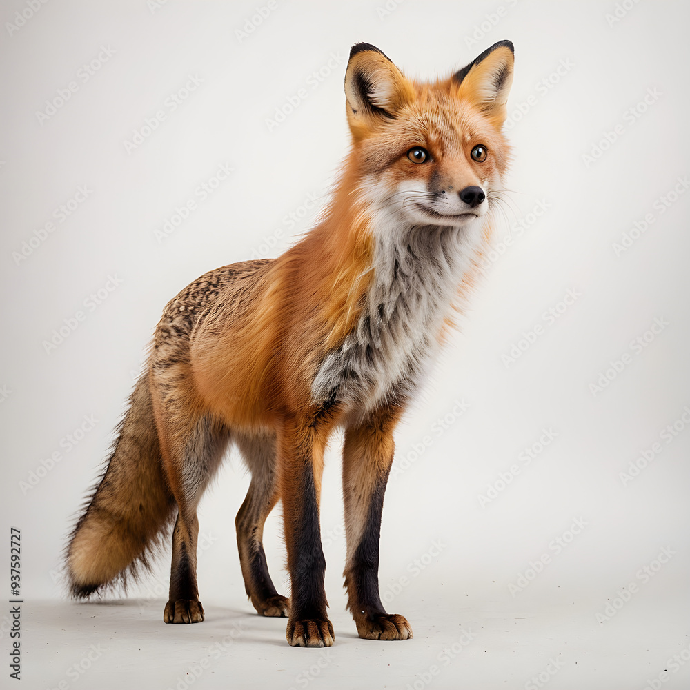 Fototapeta premium curious red fox standing with tail fluffed, isolated on white background