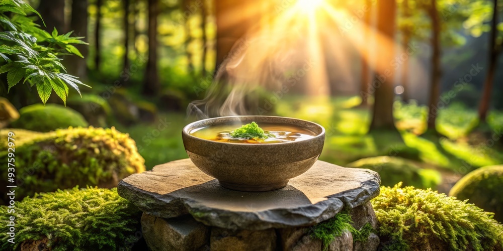 whimsical soup bowl placed on moss covered stone lantern solo miso soup spring morning gentle sunlight dappled shadows romantic serene whimsical soup bowl placed on moss covered stone lantern solo miso soup spring morning gentle sunlight dappled shadows romantic serene