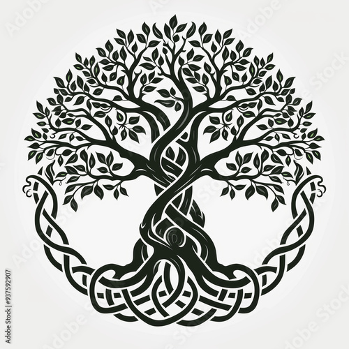 Celtic Tree Of Life With Intertwined Trunks And Branches In Symmetrical Design