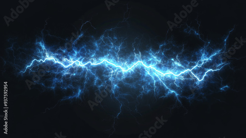 Light blue lightning bolt isolated on a transparent background. Realistic neon thunderstorm effect with a powerful energy charge, showcasing the strength and intensity of a lightning strike. Perfect f