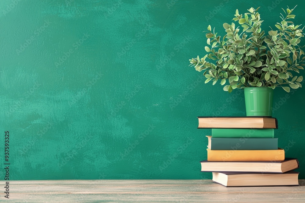 A serene workspace featuring stacked books and a potted plant against a vibrant green wall, perfect for study and relaxation. A serene workspace featuring stacked books and a potted plant against a vibrant green wall, perfect for study and relaxation.