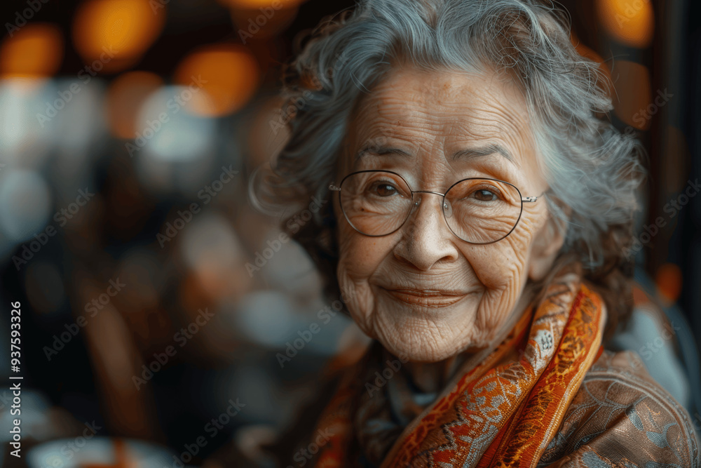 Elderly Woman Smiling Warmly With Glasses And Colorful Scarf Elderly Woman Smiling Warmly With Glasses And Colorful Scarf