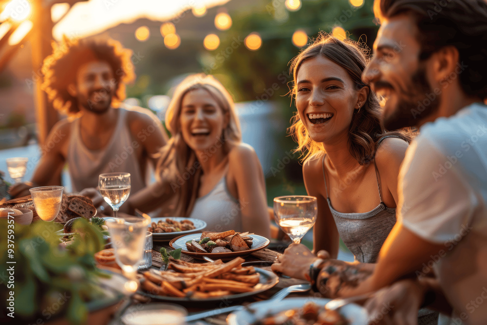 Group Of Friends Dining Outdoors Warm Lighting Greenery Smiling Faces Summer Evening Group Of Friends Dining Outdoors Warm Lighting Greenery Smiling Faces Summer Evening