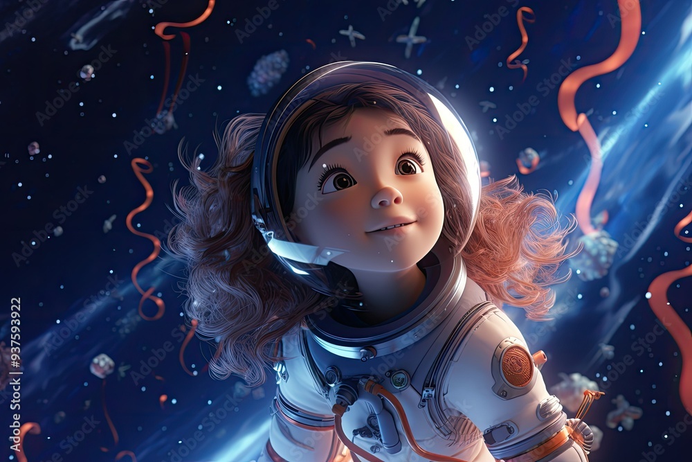 A female astronaut marvels at her surroundings while floating in the vastness of space, surrounded by colorful streamers and twinkling stars A female astronaut marvels at her surroundings while floating in the vastness of space, surrounded by colorful streamers and twinkling stars