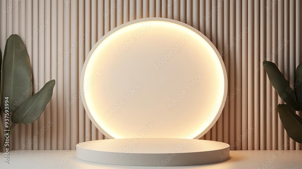 Circular 3D podium with soft lighting and smooth textures, minimalist showcase, elegant design Circular 3D podium with soft lighting and smooth textures, minimalist showcase, elegant design