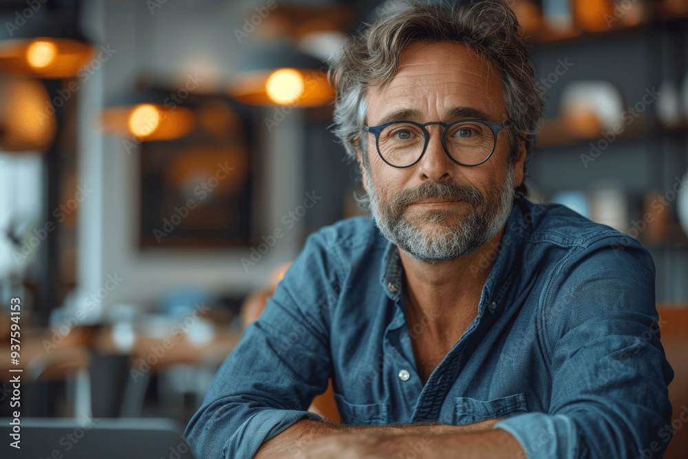 Middle Aged Man With Gray Hair And Beard Wearing Glasses And Blue Shirt Sitting In Cozy Cafe Middle Aged Man With Gray Hair And Beard Wearing Glasses And Blue Shirt Sitting In Cozy Cafe