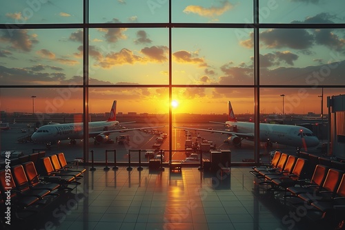 Busy Airport Terminal with Araflanes and Airplanes - Enhanced by