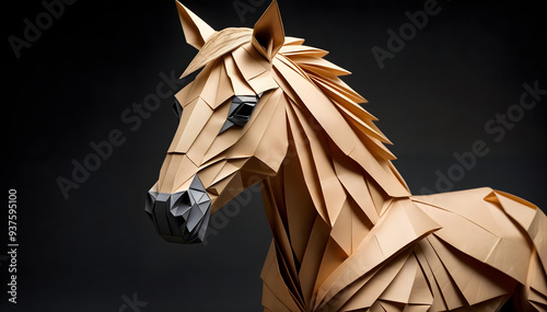 Origami horse sculpture with geometric design on dark background