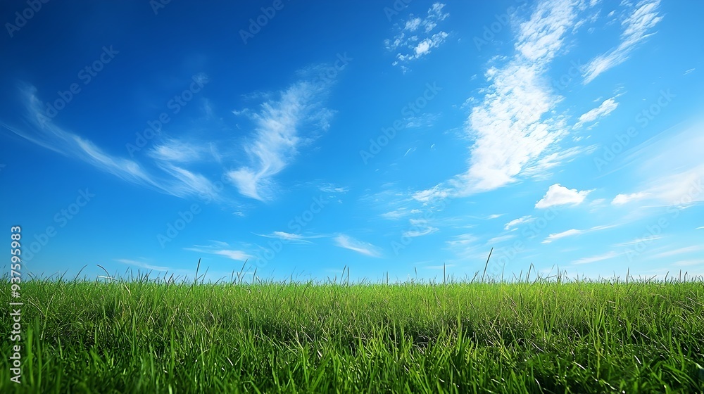 Early Morning Blue Sky Over Lush Green Meadow with Expansive Clear Space Early Morning Blue Sky Over Lush Green Meadow with Expansive Clear Space