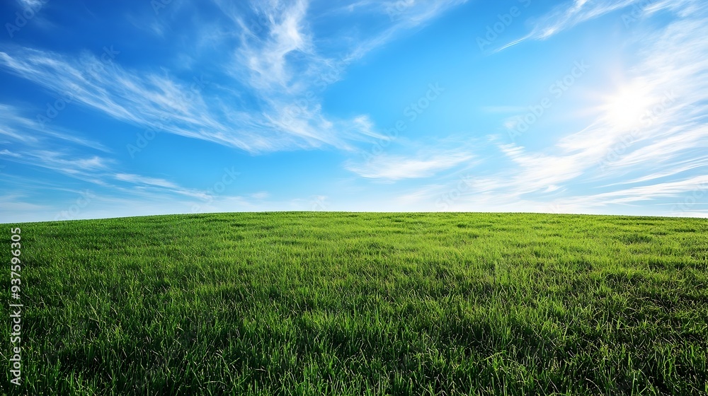 Fototapeta premium Picturesque Countryside Landscape with Lush Green Meadows and Bright Blue Sky