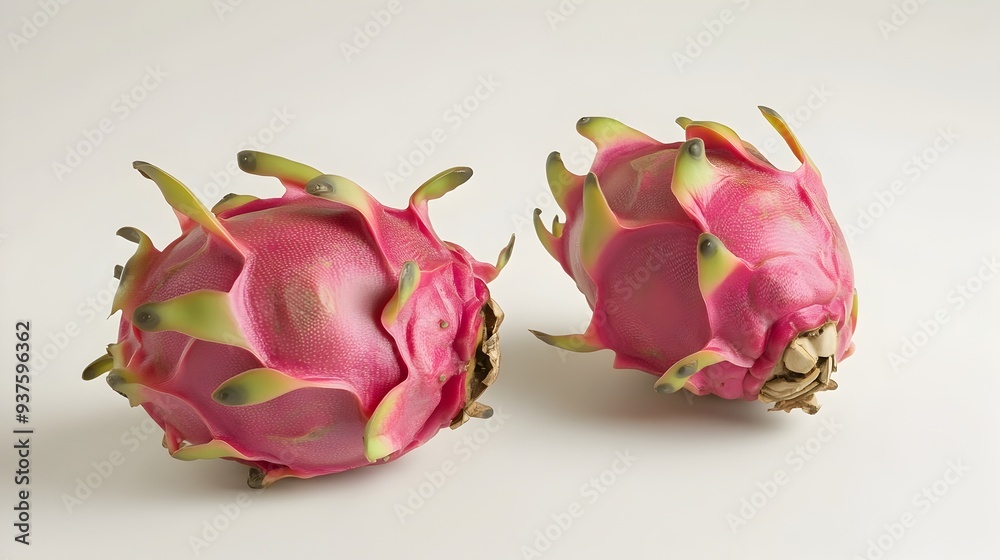 Vibrant Pink Dragon Fruit Whole and Halved on White Background Vibrant Pink Dragon Fruit Whole and Halved on White Background