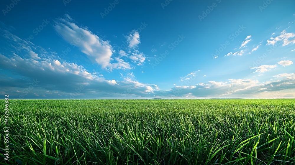 Expansive Lush Green Meadow with Vibrant Blue Sky and Wispy Clouds Expansive Lush Green Meadow with Vibrant Blue Sky and Wispy Clouds