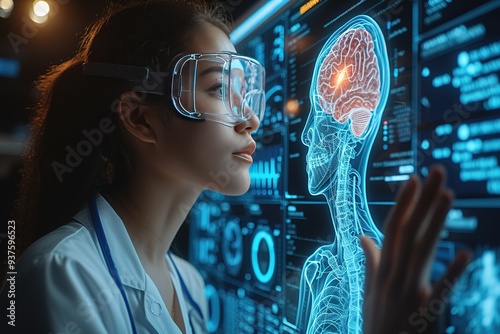 Digital medical health futuristic and global metaverse technology, doctor wearing best VR headset equipment to check internal organs patient on screen, future innovation concept