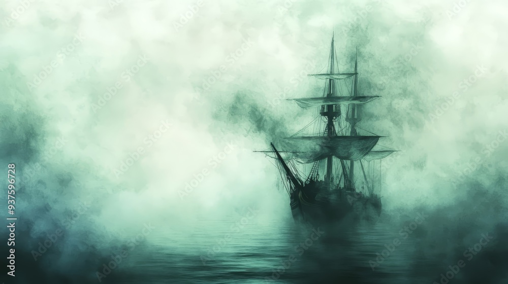 Water color of A mysterious ship emerges from the thick fog, creating an eerie yet captivating scene on the tranquil water. Water color of A mysterious ship emerges from the thick fog, creating an eerie yet captivating scene on the tranquil water.