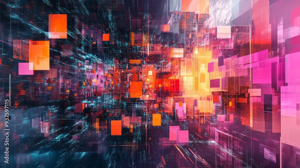 Abstract digital background featuring vibrant colors and geometric shapes, creating a sense of depth and motion in technology. Abstract digital background featuring vibrant colors and geometric shapes, creating a sense of depth and motion in technology.