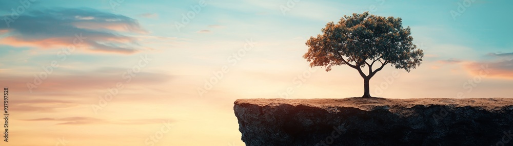 A solitary tree stands majestically on a cliff, silhouetted against a vibrant sunset sky, symbolizing resilience and beauty. A solitary tree stands majestically on a cliff, silhouetted against a vibrant sunset sky, symbolizing resilience and beauty.