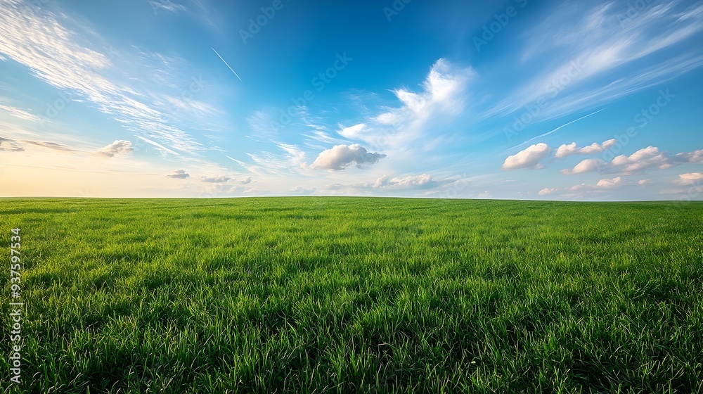 Fototapeta premium Scenic green grassy field under a clear blue sky with puffy white clouds on a sunny morning
