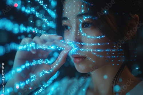 Doctor, thumb or fingerprint scan of dna, healthcare data or medical profile on interactive, futuristic or hospital hologram Zoom, nurse or woman and abstract touch for future cybersecurity wellness