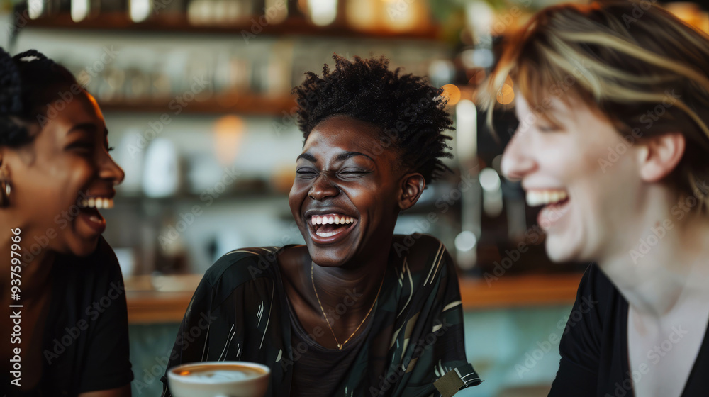 Three Friends Laughing Together In A Cafe. Joyful And Authentic. Friendship And Happiness. Three Friends Laughing Together In A Cafe. Joyful And Authentic. Friendship And Happiness.