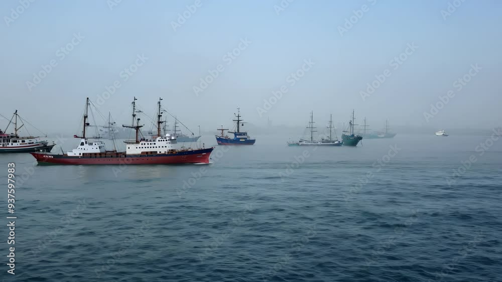 Numerous ships navigate the water on a foggy day, their silhouettes barely visible as they glide through the mist, creating an atmosphere of mystery and intrigue. Numerous ships navigate the water on a foggy day, their silhouettes barely visible as they glide through the mist, creating an atmosphere of mystery and intrigue.