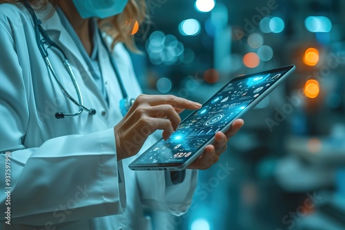 Doctor using digital tablet with medical infographic on virtual hologram display at hospital,Tele-medical health care service concept