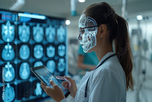 Doctor using digital tablet with medical infographic on virtual hologram display at hospital,Tele-medical health care service concept