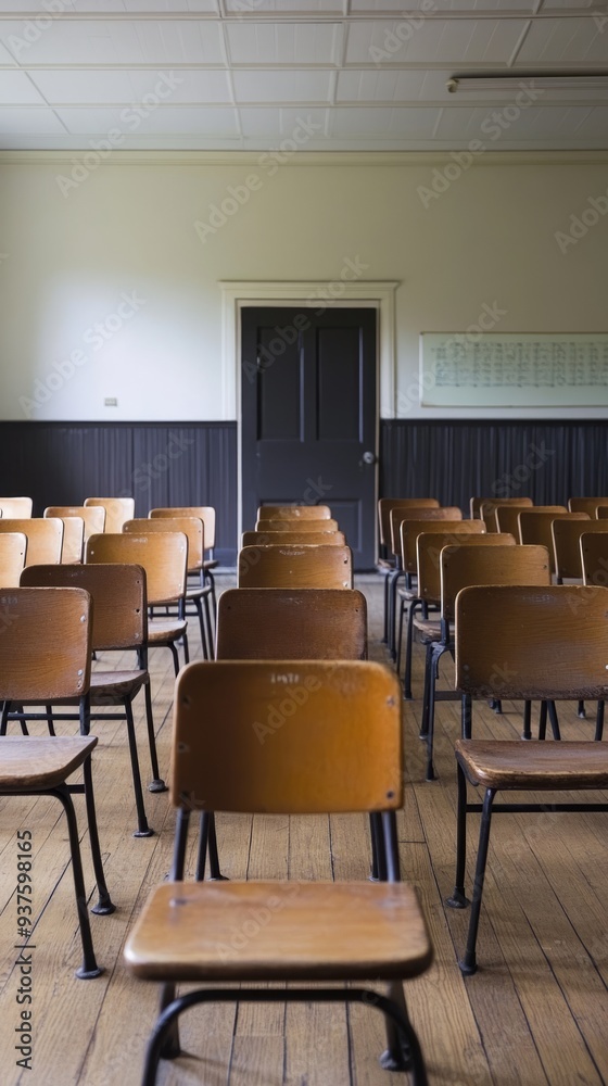 Fototapeta premium Middle and late 20th century, classroom, education, empty classroom, wooden chair, sense of history, design, school, classroom, cultural carrier, conference, library, wood, nobody, empty, luxury,