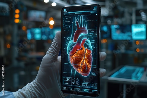 Doctor using mobile phone diagnosing patient heart for disease, technology display assistance holographic AI, healthcare medical staff in hospital treating ill people, health examine portable device