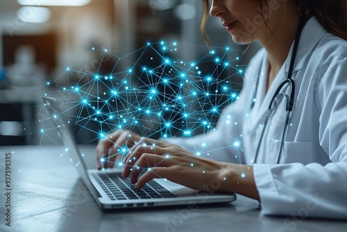 Doctor with laptop healthcare network connection concept Science and medical innovation technology future sustainable smart services and solutions in global research networks